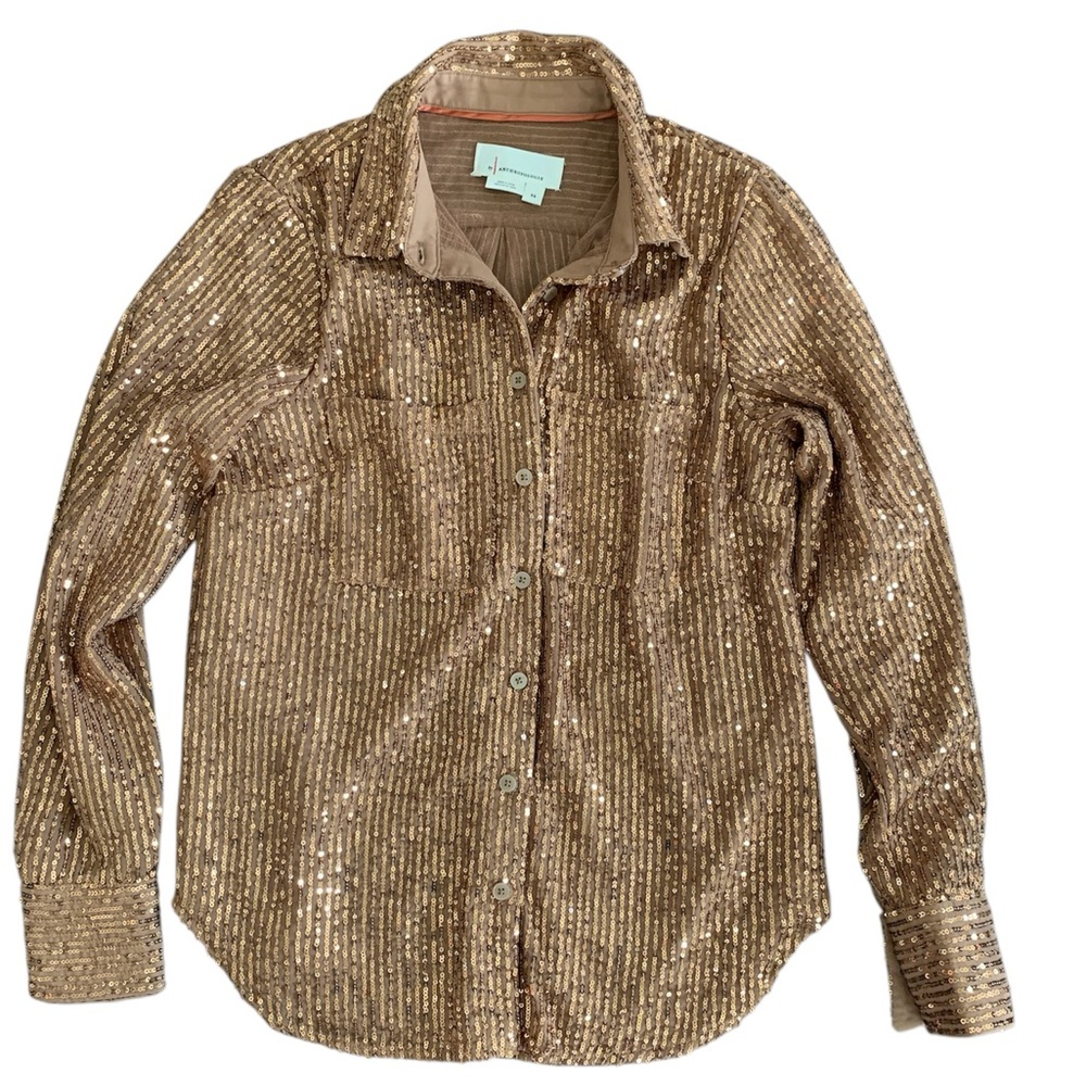 Anthropologie gold womens sequined button up size xs holiday party classic